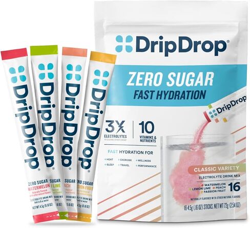 عبوات ترطيب خالية من السكر من DripDrop - حزمة متنوعة كلاسيكية صفر - مزيج مشروب مسحوق إلكتروليتات فردي - ليمون ليمون، بطيخ، خوخ، فاكهة العاطفة - غير معدلة وراثيًا، خالي من الغلوتين، نباتي - 32 عصا in Kuwait