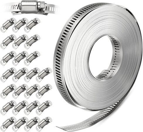 1 Pack 304 Stainless Steel Band Hose Clamps, DIY 30 Feet Metal Strap + 15 Heavy Duty Fasteners, Worm Gear Hose Clamps Screw Clamps Assortment Kit, for Automotive, Mechanical, Duct in Saudi Arabia