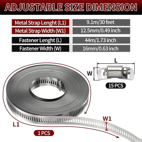 1 Pack 304 Stainless Steel Band Hose Clamps, DIY 30 Feet Metal Strap + 15 Heavy Duty Fasteners, Worm Gear Hose Clamps Screw Clamps Assortment Kit, for Automotive, Mechanical, Duct in Saudi Arabia