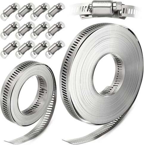 1 Pack 304 Stainless Steel Band Hose Clamps, DIY 30 Feet Metal Strap + 15 Heavy Duty Fasteners, Worm Gear Hose Clamps Screw Clamps Assortment Kit, for Automotive, Mechanical, Duct in Saudi Arabia