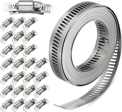 1 Pack 304 Stainless Steel Band Hose Clamps, DIY 30 Feet Metal Strap + 15 Heavy Duty Fasteners, Worm Gear Hose Clamps Screw Clamps Assortment Kit, for Automotive, Mechanical, Duct in Saudi Arabia