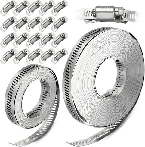 1 Pack 304 Stainless Steel Band Hose Clamps, DIY 30 Feet Metal Strap + 15 Heavy Duty Fasteners, Worm Gear Hose Clamps Screw Clamps Assortment Kit, for Automotive, Mechanical, Duct in Saudi Arabia
