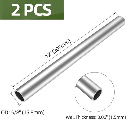 2 PCS 5/8" OD 304 Stainless Steel Tube, 12" Length Round Weldable Tubing, 3/50" Wall Thickness Metal Pipe Industrial Straight Tube in Kuwait