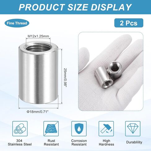 PATIKIL M12x1.25mm الملعب 304 الفولاذ المقاوم للصدأ جولة اقتران المكسرات، 2 جهاز كمبيوتر شخصى 25mm / 0.98 "طول متري غرامة موضوع موصل كم قضيب شريط مسمار السحابات الجوز مترابطة بالكامل، لهجة فضية in Saudi Arabia