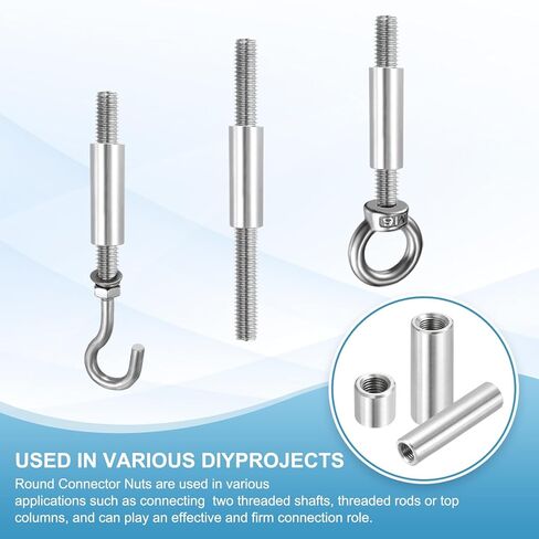 PATIKIL M12x1.25mm الملعب 304 الفولاذ المقاوم للصدأ جولة اقتران المكسرات، 2 جهاز كمبيوتر شخصى 25mm / 0.98 "طول متري غرامة موضوع موصل كم قضيب شريط مسمار السحابات الجوز مترابطة بالكامل، لهجة فضية in Saudi Arabia