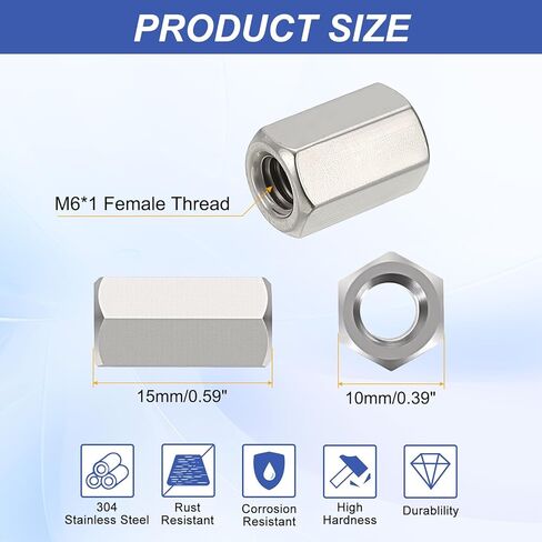 Hex Coupling Nuts, 3/8-16 UNC 30mm/1.18" Length, 12 Pack 304 Stainless Steel Rod Coupling Nut for Threaded Rods & Studs in Saudi Arabia