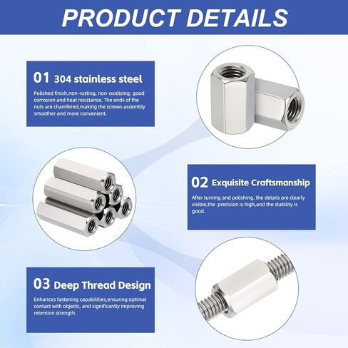 Hex Coupling Nuts, 3/8-16 UNC 30mm/1.18" Length, 12 Pack 304 Stainless Steel Rod Coupling Nut for Threaded Rods & Studs in Saudi Arabia