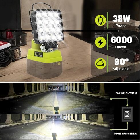 Cordless LED Work Light, 38W LED Work Light with USB A C Ports Adjustable Brightness for Emergency Workshop in Kuwait