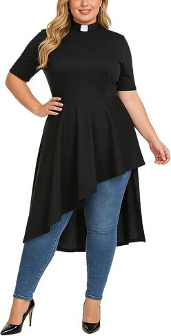 Women's Clergy Shirt Short Sleeve Asymmetrical Irregular Hem Ministers Blouse Casual Tops in Kuwait