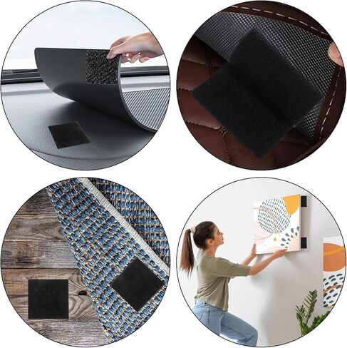 12 Pack Heavy Duty Hook and Loop Patches with Adhesive 4 X 4 Inches Self Adhesive Fastener Strips Hook and Loop Fasteners for Indoor Outdoor Use, No Holes Needed, Black in Saudi Arabia