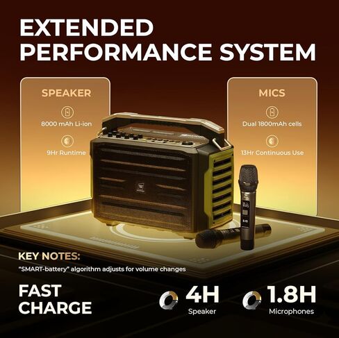 WinBridge Professional All-in-One Portable PA System: Outdoor Karaoke Machine, 200W Waterproof Bluetooth Speaker with 2 Wireless Microphones | Voice Amplifier for Sing Party Public Speaking in Kuwait