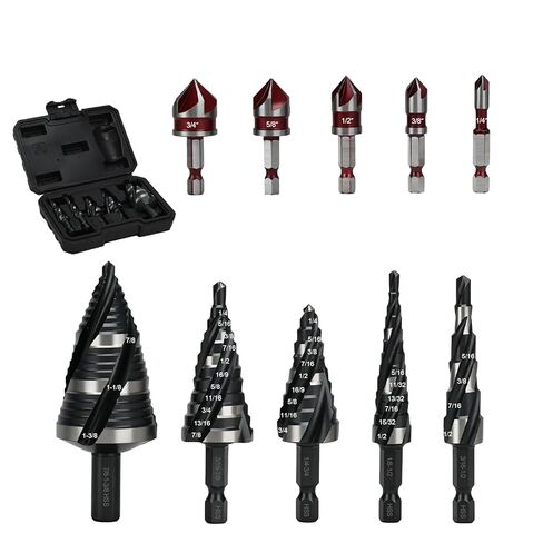5 Pcs Four Spiral Flute Step Drill Bit Set & 5 Pcs Countersink Drill Bits with Tool Box,HSS Step Bit with Aluminum Case for DIY, Metal, Aluminum, Wood, Plastic in Kuwait