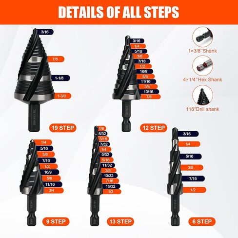 5 Pcs Four Spiral Flute Step Drill Bit Set & 5 Pcs Countersink Drill Bits with Tool Box,HSS Step Bit with Aluminum Case for DIY, Metal, Aluminum, Wood, Plastic in Kuwait
