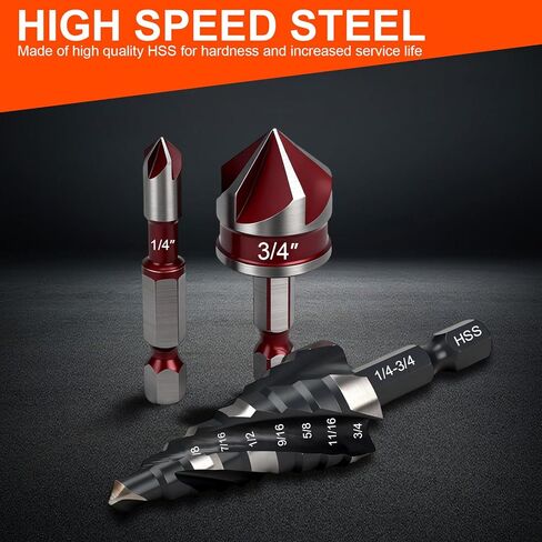 5 Pcs Four Spiral Flute Step Drill Bit Set & 5 Pcs Countersink Drill Bits with Tool Box,HSS Step Bit with Aluminum Case for DIY, Metal, Aluminum, Wood, Plastic in Kuwait