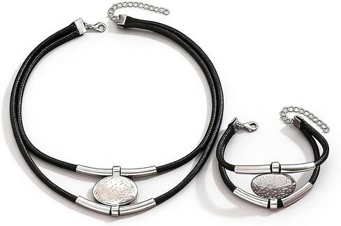 Chunky Gold Necklace and Bracelets Set Vintage Boho Layered Choker Necklace for Women Leather Rope Western Necklaces Chunky Jewelry Sets for Women in Kuwait