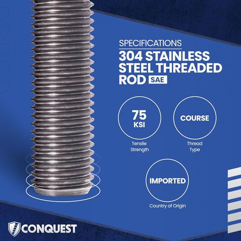 قضيب تثبيت من الفولاذ المقاوم للصدأ 304 من نوع Fasteners Plus، قضيب ملولب بالكامل، مقاس 1/2 بوصة - 13 خيط، طول 36 بوصة خيوط اليد اليمنى in Kuwait
