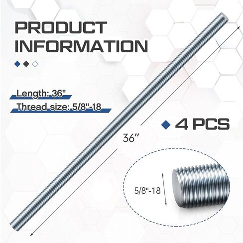 Zonon 4 Pcs 5/8"-18 Fully Threaded Rods 36" Length Galvanized Steel Right Hand Coarse All Threaded Rods Studs Zinc Plated for Construction Repair and DIY Projects Furniture Anchor Bolts Hangers in Saudi Arabia