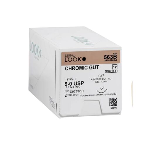 Look 563B Suture، قناة كرومية، مقاس 5-0، إبرة C-17، دائرة 3/8 بوصة، طول 18 بوصة (عبوة من 12 قطعة) in Kuwait