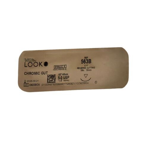 Look 563B Suture، قناة كرومية، مقاس 5-0، إبرة C-17، دائرة 3/8 بوصة، طول 18 بوصة (عبوة من 12 قطعة) in Kuwait