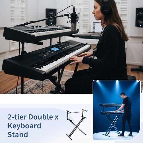 2-tier Double x Keyboard Stand, Heavy-duty Adjustable Height Piano Stand with Locking Straps & Quick Release, Portable X-Style Holder for 54/61/88 Key Digital Pianos, Stage Studio Home Use in Saudi Arabia