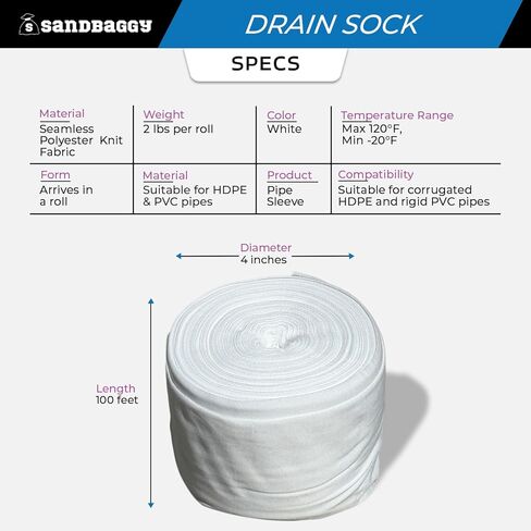 Sandbaggy Drain Pipe Sock - Filter Sleeve for Drainage (4, White, 4-inch x 100 ft) in Kuwait
