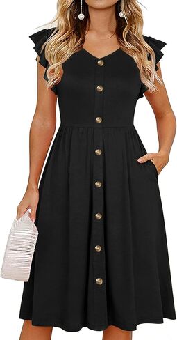 Lamilus Women's 2026 Summer Casual Swing Knee-Length Dress: V-Neck Ruffle Sleeves, Front Button Down with Side Pockets in Kuwait