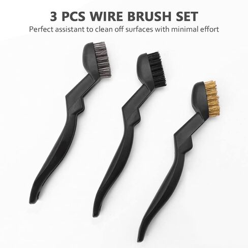 3 Pcs Wire Brush Set with Curved Handle Grip - Brass Stainless Steel Nylon Brushes for Dirt Scrubbing Rust Removal in Kuwait