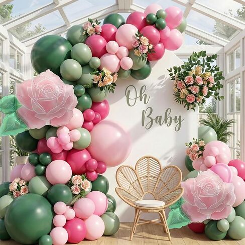Pink and Green Balloon Arch Garland Kit 154pcs Sage Green and Pastel Pink Balloons for Girls Baby Shower Woodland Safari wild one Baptism Birthday summer tropical Party Decorations (Sage Green Pink) in Kuwait