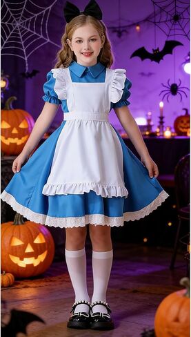 Princess Costume for Girls Wonderland Dress Includes Blue Dress White Apron Hairband Stockings Halloween Party Cosplay in Kuwait