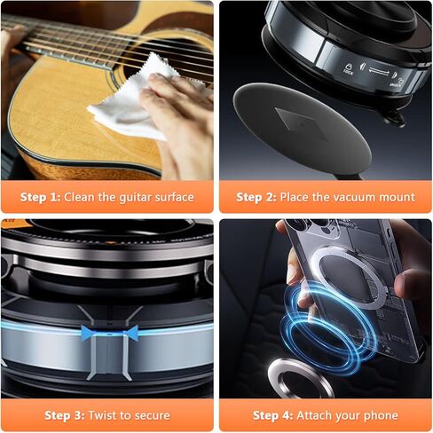 Magnetic Guitar Phone Holder–Hands-Free Guitar Phone Mount with Vacuum Suction–Stable Phone Holder for Guitar Playing– Perfect for Watching Tutorials & Tabs While Playing–Universal Fit, Easy Setup in Saudi Arabia