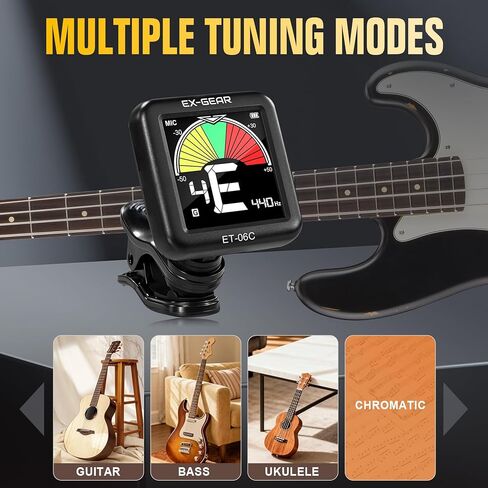 EX-GEAR Professional Guitar Tuner Clip On, Quick & Accurate Tuning with Large LCD Screen, 360° Rotatable Rechargeable Acoustic Guitar Electric Guitar Bass Ukulele & Chromatic Tuner in Kuwait