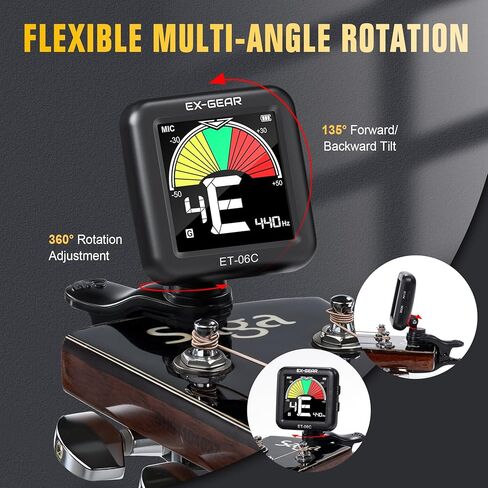 EX-GEAR Professional Guitar Tuner Clip On, Quick & Accurate Tuning with Large LCD Screen, 360° Rotatable Rechargeable Acoustic Guitar Electric Guitar Bass Ukulele & Chromatic Tuner in Kuwait