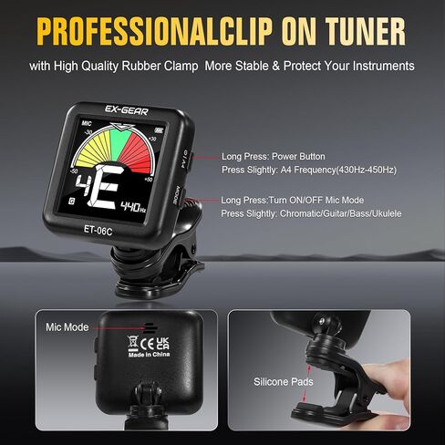 EX-GEAR Professional Guitar Tuner Clip On, Quick & Accurate Tuning with Large LCD Screen, 360° Rotatable Rechargeable Acoustic Guitar Electric Guitar Bass Ukulele & Chromatic Tuner in Kuwait