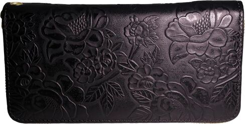 Women's flower embossed wallet, women's ultra-thin wallet, large capacity zipper style handbag, detachable wristband, 7.67 x 3.93 inches, black, in Saudi Arabia