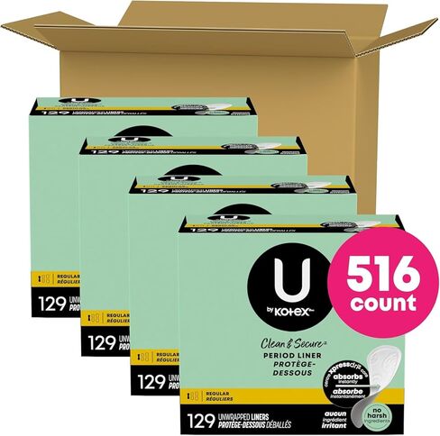 U by Kotex Clean & Secure Daily Liners, Regular, 129 Count - 4 Pack (516 Total in Kuwait