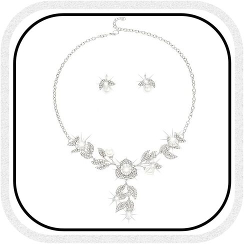 Brishow Leaf Wedding Jewelry Sets Rhinestone Pearl Necklace Costume Silver Necklaces and Earrings Set for Women and Brides in Kuwait
