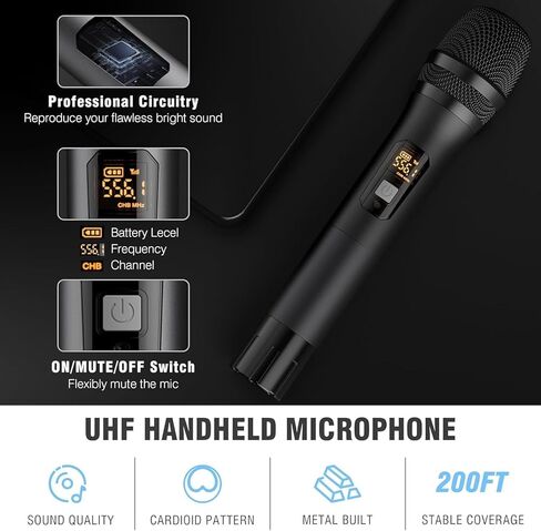 ميكروفونات لاسلكية، نظام ميكروفون لاسلكي مزدوج UHF مع ميكروفونات ديناميكية معدنية احترافية محمولة، نطاق 200 قدم للكاريوكي، والغناء، والدي جي، والكنيسة، وحفلات الزفاف والحفلات، ومجموعة KTV المنزلية in Saudi Arabia