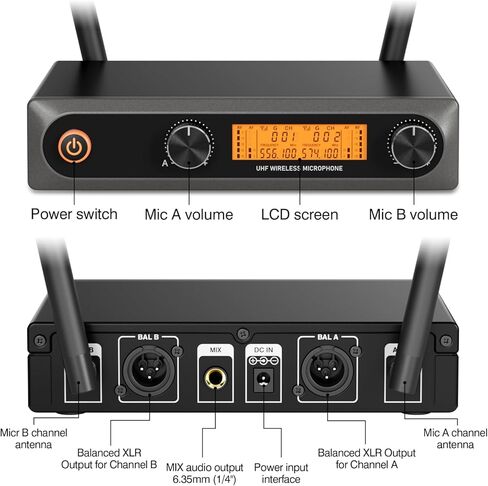 ميكروفونات لاسلكية، نظام ميكروفون لاسلكي مزدوج UHF مع ميكروفونات ديناميكية معدنية احترافية محمولة، نطاق 200 قدم للكاريوكي، والغناء، والدي جي، والكنيسة، وحفلات الزفاف والحفلات، ومجموعة KTV المنزلية in Saudi Arabia