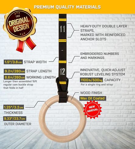 حلقات الجمباز ذات الدائرة المزدوجة مع أشرطة مرقمة سريعة الضبط ودليل مقاطع فيديو للتمرين - حلقات رياضية لكامل الجسم - حلقات تمارين رياضية حلقات خشبية 1.25 بوصة (لمسة نهائية من زيت الشمع) in Kuwait