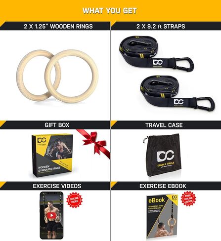 حلقات الجمباز ذات الدائرة المزدوجة مع أشرطة مرقمة سريعة الضبط ودليل مقاطع فيديو للتمرين - حلقات رياضية لكامل الجسم - حلقات تمارين رياضية حلقات خشبية 1.25 بوصة (لمسة نهائية من زيت الشمع) in Kuwait