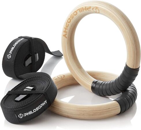 Philosophy Gym Wood Gymnastic Rings 1" or 1.25" Grip with Adjustable Straps and Grip Tape for Pull Ups, Dips, Muscle Ups in Kuwait