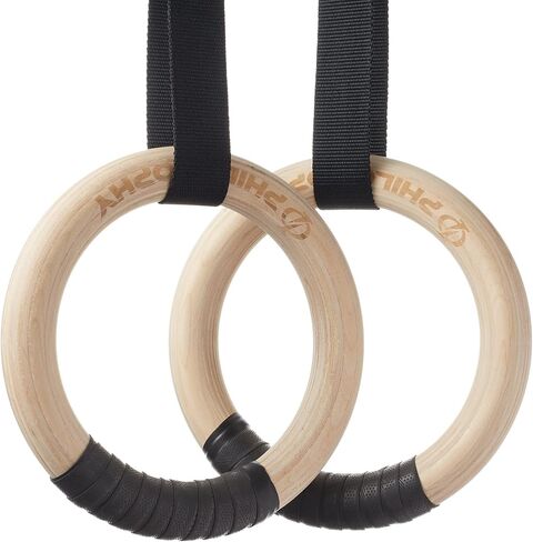 Philosophy Gym Wood Gymnastic Rings 1" or 1.25" Grip with Adjustable Straps and Grip Tape for Pull Ups, Dips, Muscle Ups in Kuwait