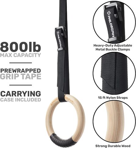 Philosophy Gym Wood Gymnastic Rings 1" or 1.25" Grip with Adjustable Straps and Grip Tape for Pull Ups, Dips, Muscle Ups in Kuwait