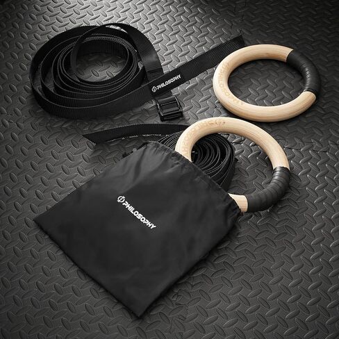 Philosophy Gym Wood Gymnastic Rings 1" or 1.25" Grip with Adjustable Straps and Grip Tape for Pull Ups, Dips, Muscle Ups in Kuwait