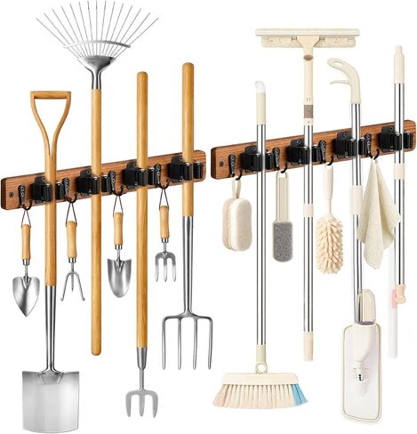 Lorbro 2 حزمة حامل المكنسة على الحائط، مكنسة خشبية ومنظم ممسحة للتعليق على الحائط، رف شماعات ممسحة مع 4 فتحات و4 خطافات، منظم أدوات لغرفة الغسيل، الخزانة، المرآب، المطبخ in Kuwait
