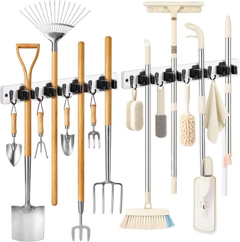Lorbro 2 Pack Broom Holder Wall Mount, Wooden Broom and Mop Organizer Wall Hanging, Mop Hanger Rack with 4 Slots & 4 Hooks, Tool Organizer for Laundry Room, Closet, Garage, Kitchen in Saudi Arabia