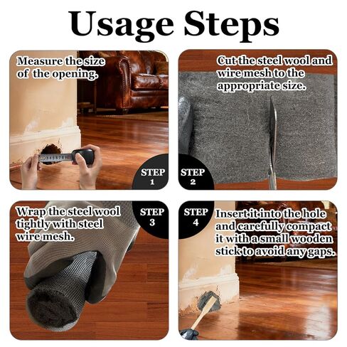 التحكم في الفئران من الصوف الفولاذي - 3 عبوات 2.75 بوصة × 13 قدم و1 حزمة شبكة سلكية 5 بوصة × 15 قدم، حشو الفجوات لأنابيب حديقة المرآب المنزلية، مجموعة DIY مع قفازات ومقص وعصا خشبية in Kuwait