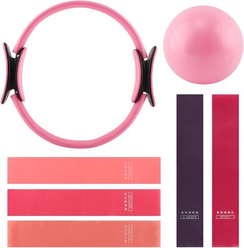 مجموعة حلقة وكرة بيلاتيس مع أشرطة مقاومة، وحلقة دائرية مقاس 14 بوصة، وكرة بيلاتيس مقاس 9.8 بوصة و5 أربطة مقاومة للتمرين المنزلي للنساء، وتمارين الجسم بالكامل in Kuwait