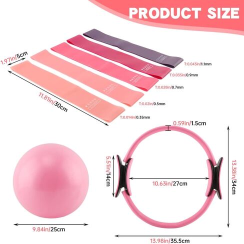 مجموعة حلقة وكرة بيلاتيس مع أشرطة مقاومة، وحلقة دائرية مقاس 14 بوصة، وكرة بيلاتيس مقاس 9.8 بوصة و5 أربطة مقاومة للتمرين المنزلي للنساء، وتمارين الجسم بالكامل in Kuwait