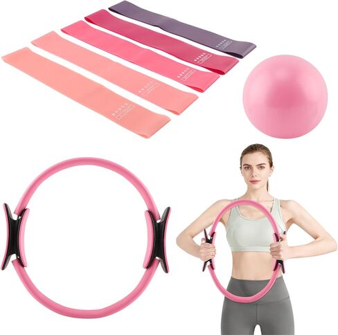 مجموعة حلقة وكرة بيلاتيس مع أشرطة مقاومة، وحلقة دائرية مقاس 14 بوصة، وكرة بيلاتيس مقاس 9.8 بوصة و5 أربطة مقاومة للتمرين المنزلي للنساء، وتمارين الجسم بالكامل in Kuwait